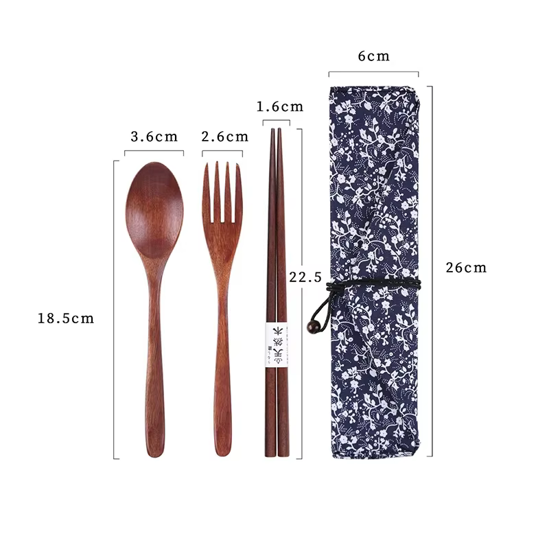 Vaisselle Portable en bois avec sac cadeau, ensemble de couverts de voyage en plein air, vaisselle p