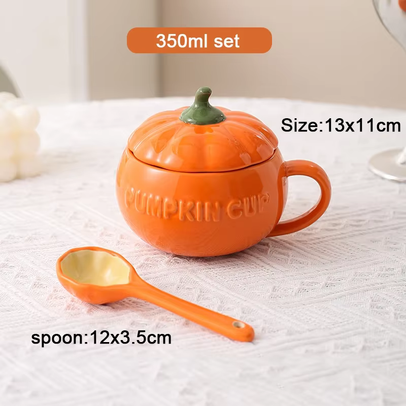Tasse Citrouille en Céramique avec Couvercle et Cuillère, Design Créatif, Design de Poignée, Verres,