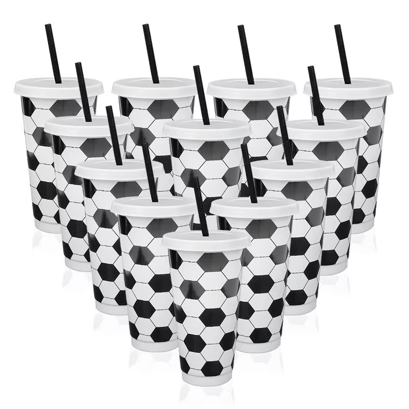 Gobelets de Football en plastique réutilisables avec couvercle, pailles, cadeaux de fête de Football