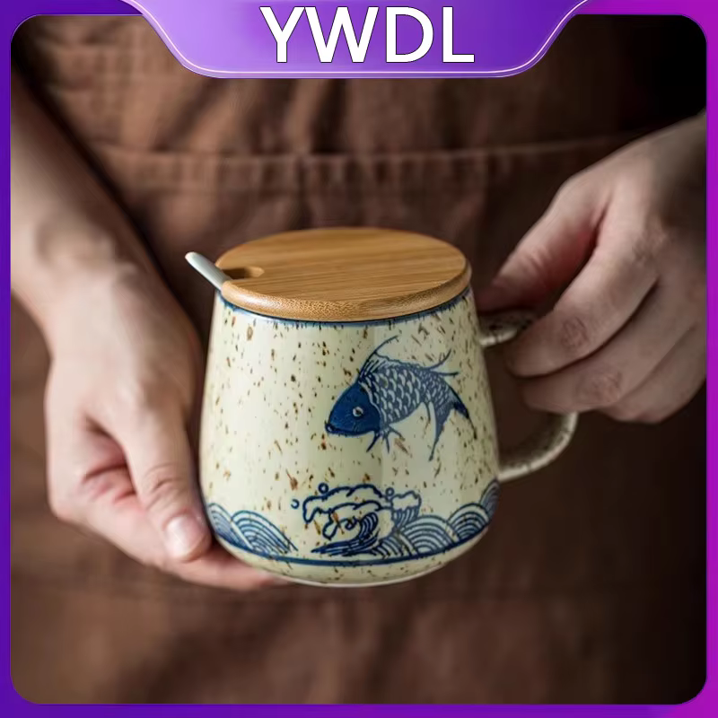 YWDL – tasse à café japonaise en céramique de 350ml, avec couvercle et cuillère, tasses à lait pour 