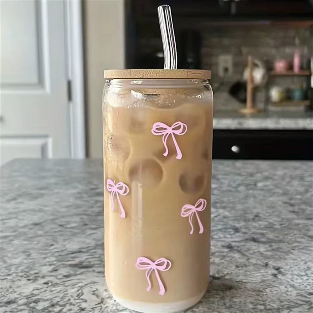 Gobelets en verre avec nœud rose de 500ml, avec couvercles et paille, pour lait glacé, café, Smoothi