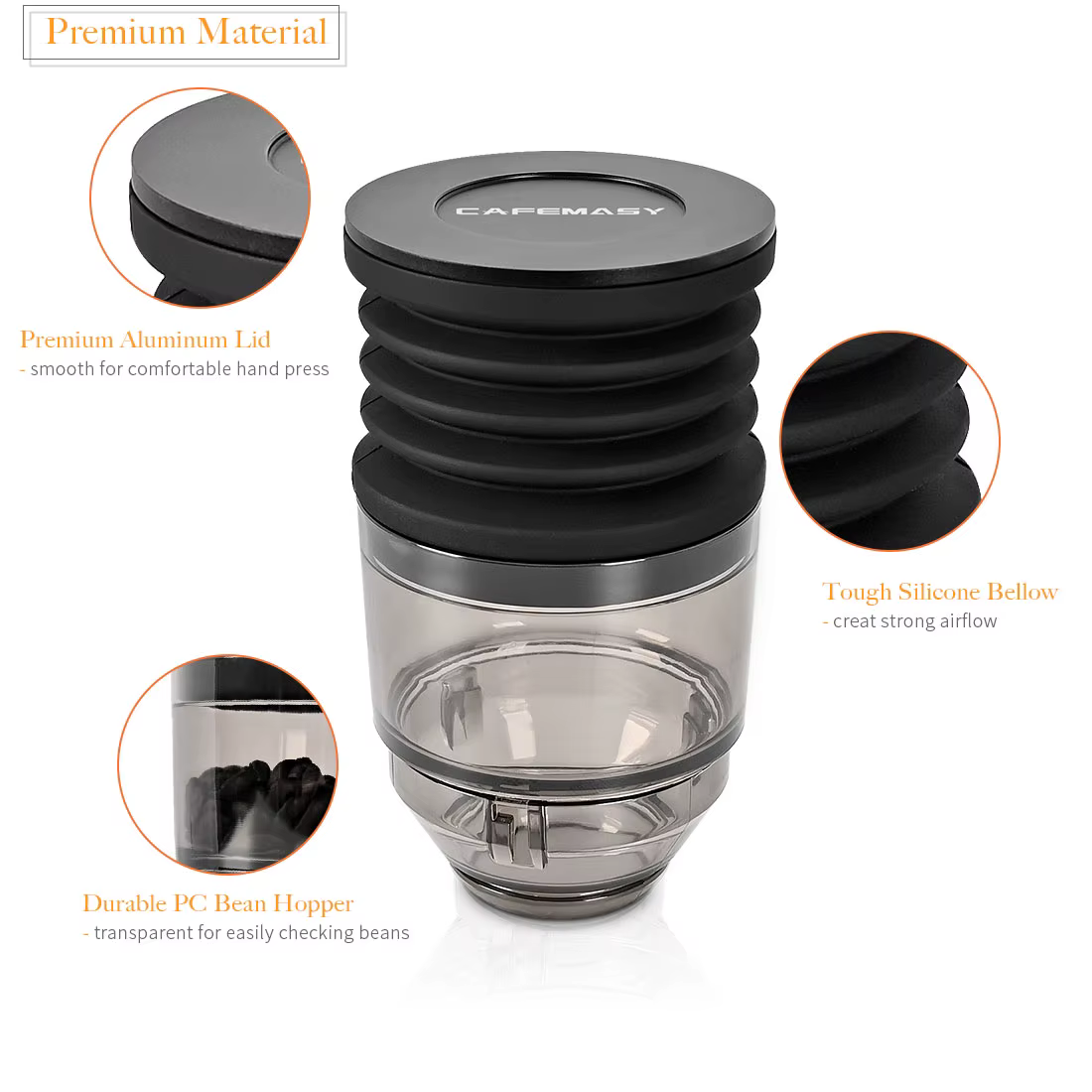 CAFEMASY – broyeur de grains de café, trémie à dose unique, outil de nettoyage, soufflet en Silicone