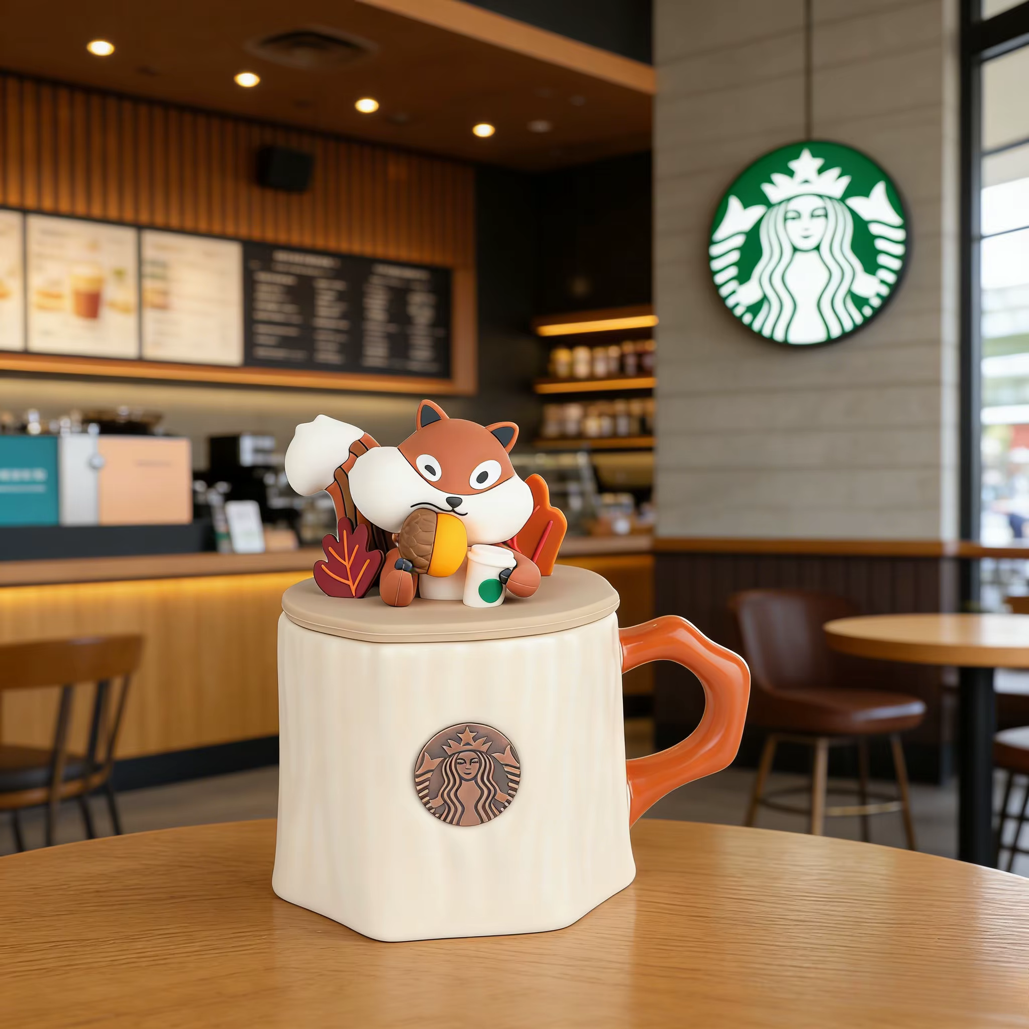 Tasse à café Starbucks en céramique en forme d'écureuil d'automne avec couvercle anti-poussière en b