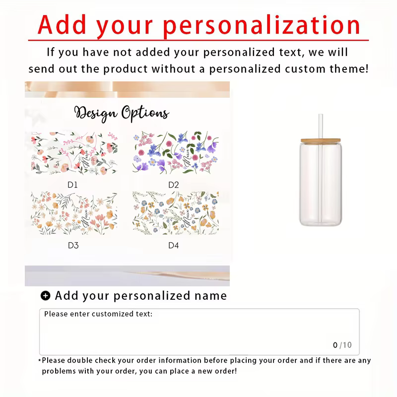 Tasses en verre personnalisées à motif floral 16oz avec couvercle et pailles, idéales pour la fête d