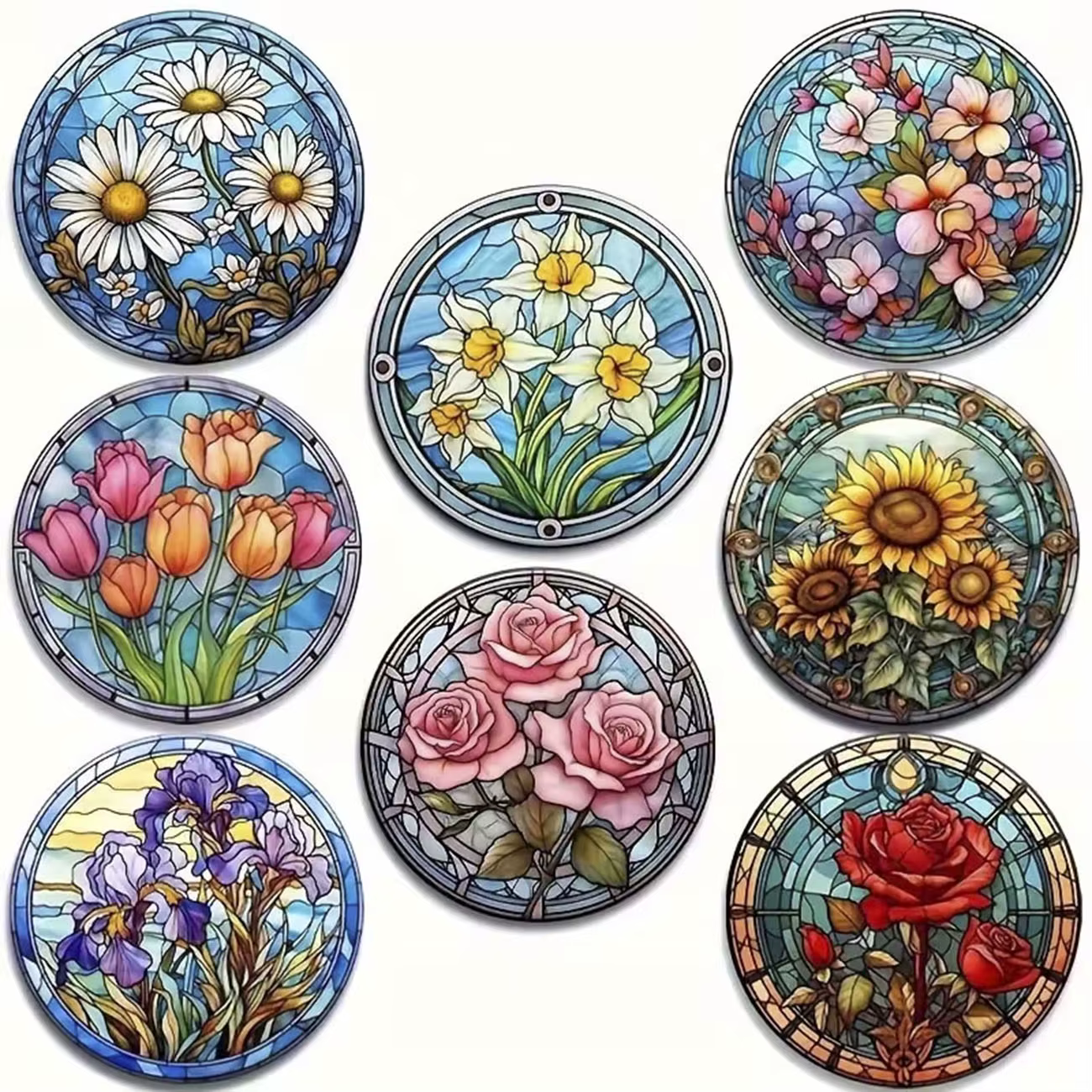 Ensemble de 8 dessous-de-verre en bois à thème floral, dessous-de-verre en bois composite rond et du