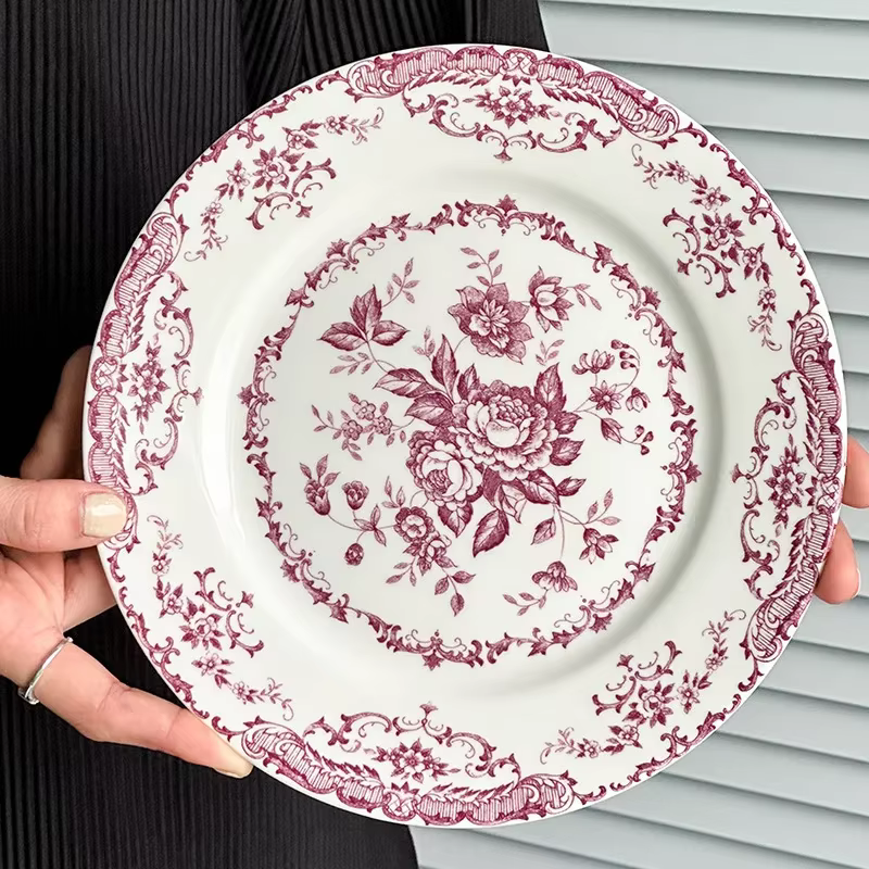 Assiette en céramique rose vintage française, assiettes queDishe de style européen, assiettes à sala