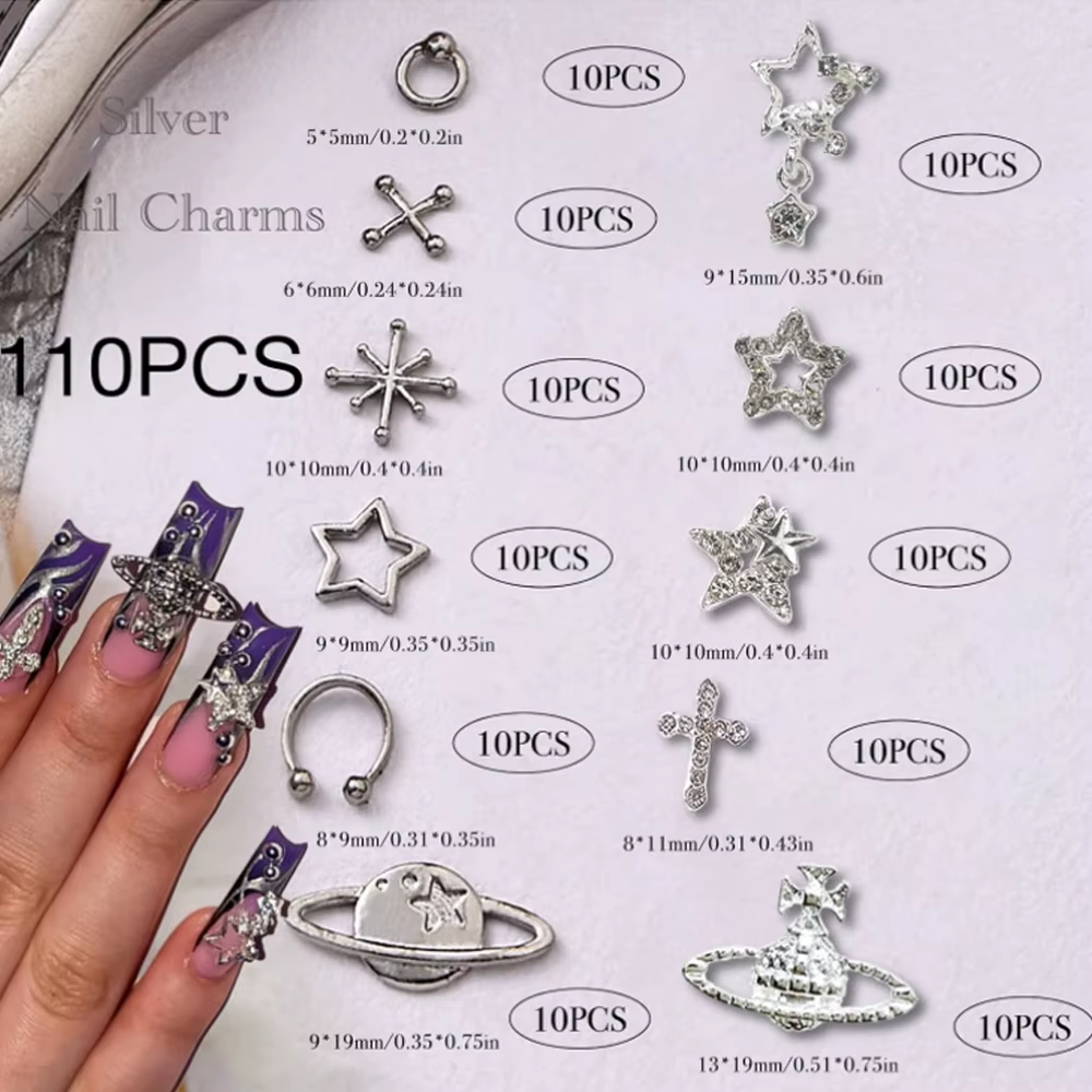 Breloques pour ongles en forme d'étoile, 110 pièces, décoration pour Nail Art en alliage, étoile arg