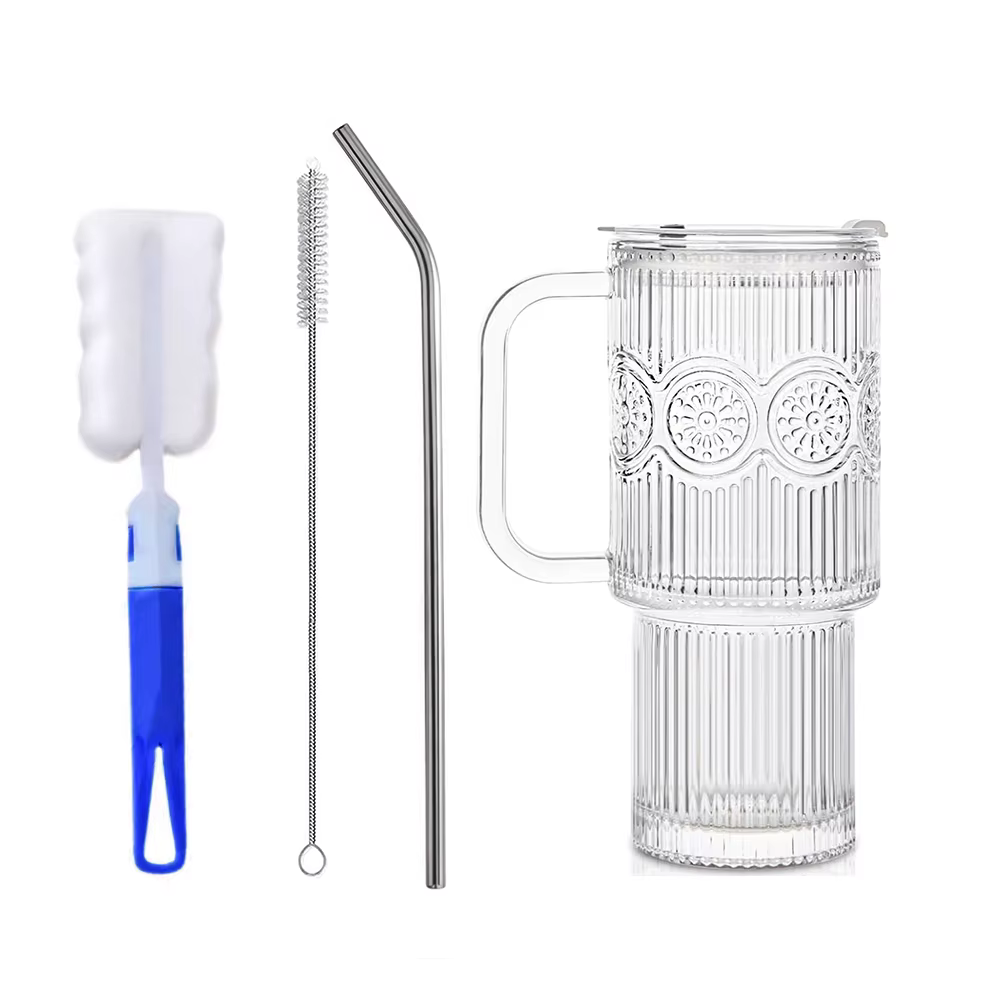 Gobelets en verre côtelés et à motifs floraux de 500 ml avec couvercles/pailles – Tasses réutilisabl