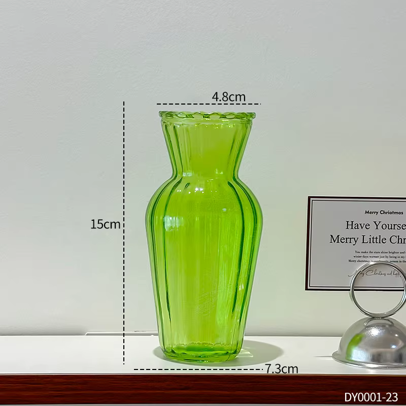 Vase en verre vert vintage à bord festonné, récipient à fleurs pour fleurs séchées ou artificielles,