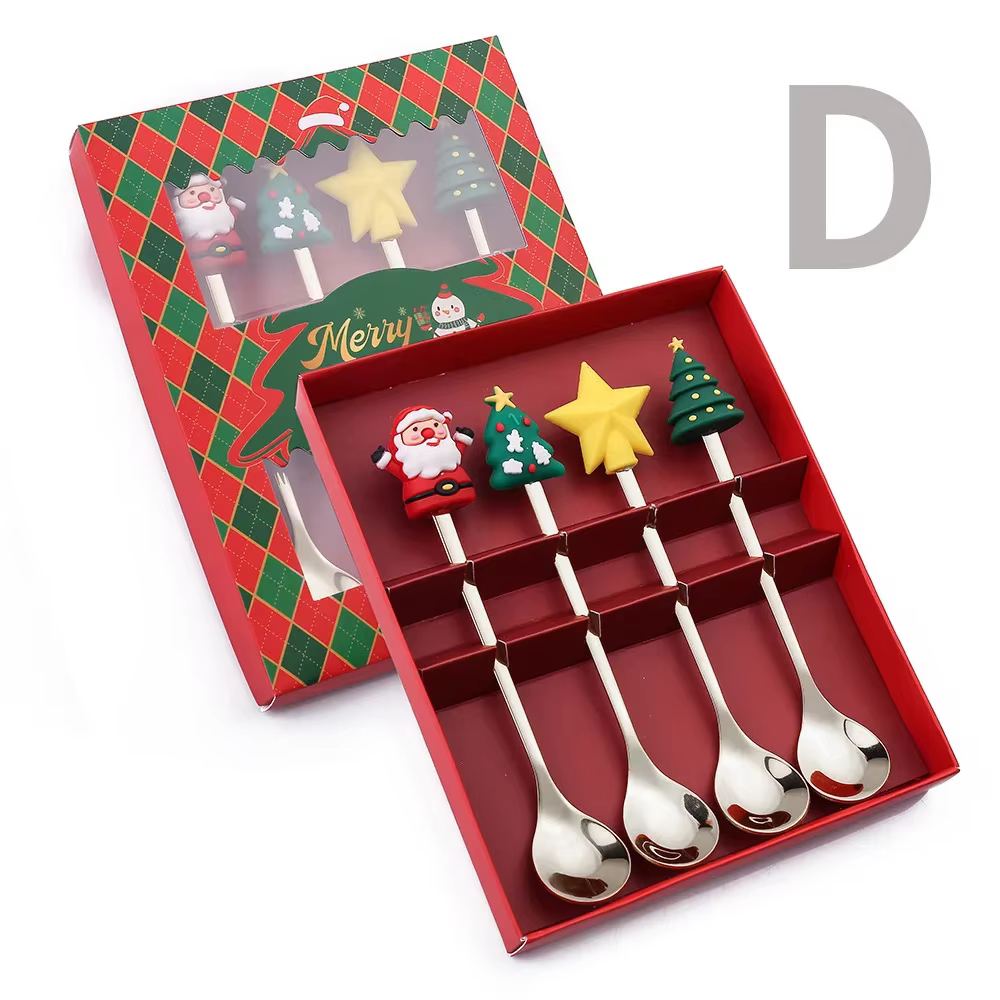 4 pièces/ensemble cadeau de noël or argent cuillère fourchette ensemble wapiti arbre de noël décorat
