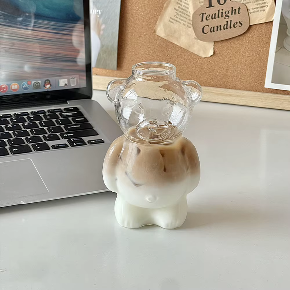 Tasse à café en forme d'ours de dessin animé, tasse en verre avec paille, transparente, créative, po