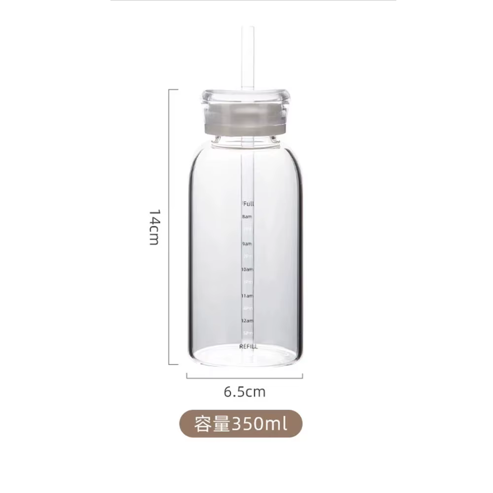 Bouteille d'eau en verre grande capacité 300/500/750 ml avec paille, 2 couvercles, transparente, sty
