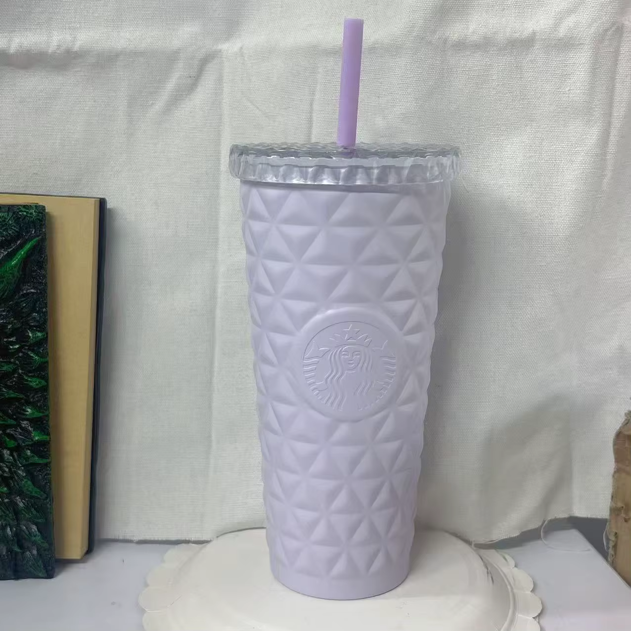 Gobelet Starbucks 500 ml Motif Diamant Lavande Rêveuse, Tasse Froide Violet Pastel Mat avec Couvercl