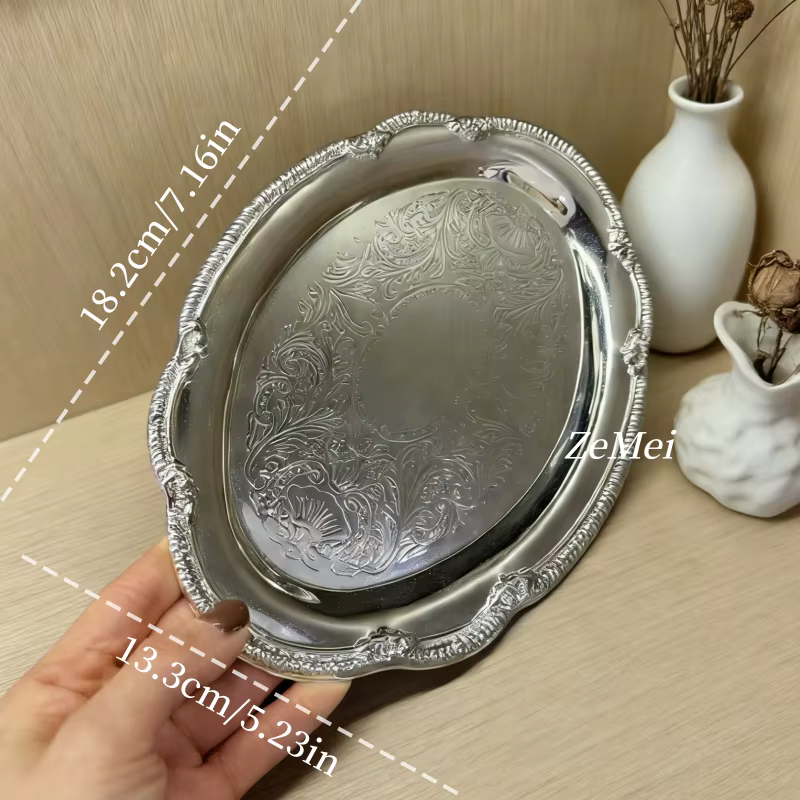 Plateau à gâteau elliptique de style européen, plateau à café en métal sculpté avec soin, plateau cr