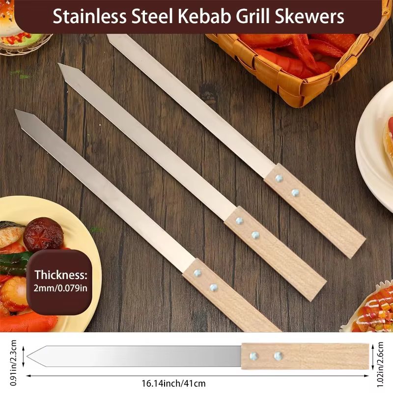 Brochettes de Kebab plates en acier inoxydable, 2.3cm, pour Barbecue, rangée de brochettes, fabrican