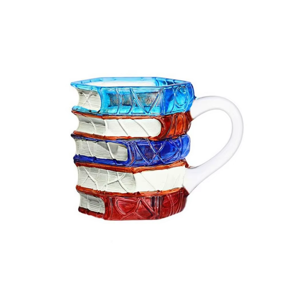 Tasse en verre en forme de livre en verre Borosilicate, Design coloré dessiné à la main, livre empil