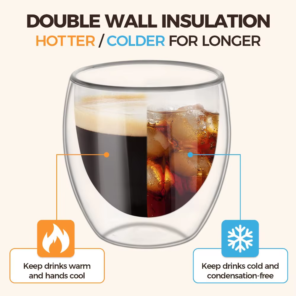 Tasses à expresso en verre transparent isolées à double paroi, 80/250/450ml, parfaites pour le thé,