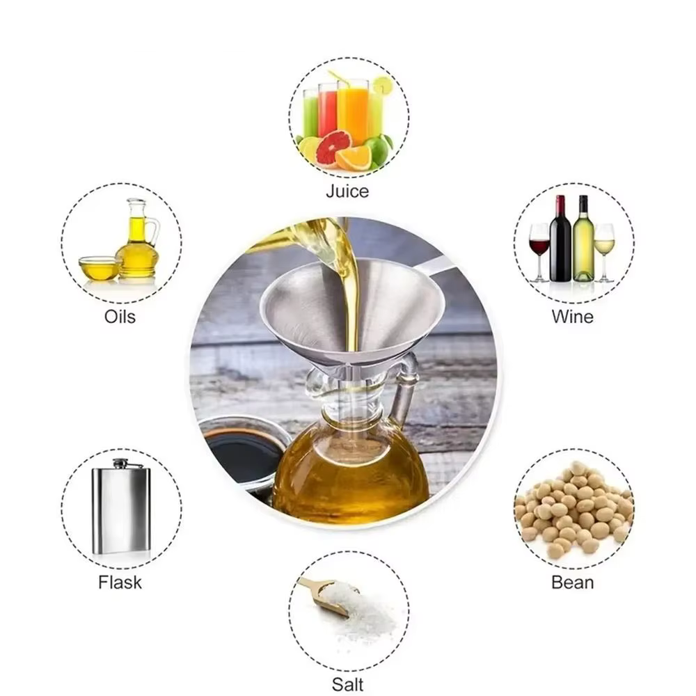 Entonnoir en acier inoxydable à large bouche, filtre à huile de cuisine, passoire avec poignée, outi