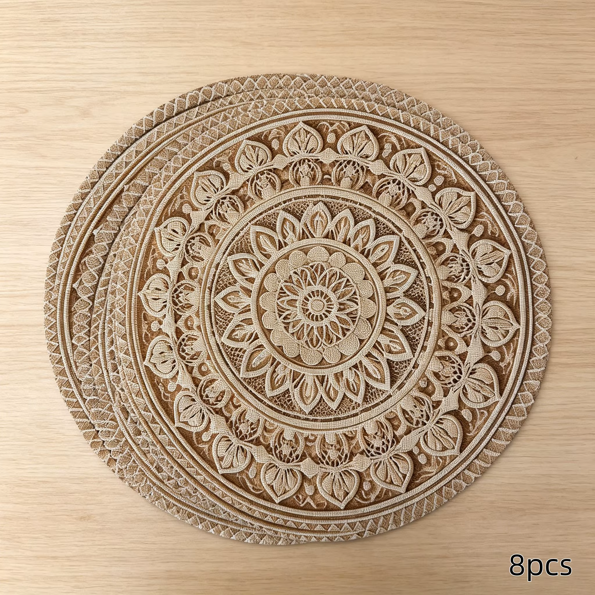 Lot de 8 sets de table ronds, style bohème mandala, motif floral vintage, impression 3D en relief, p