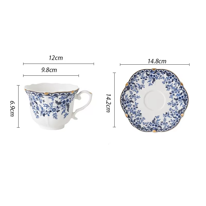 Tasse à café en céramique, tasse à café en porcelaine bleue et blanche de style anglais avec ensembl
