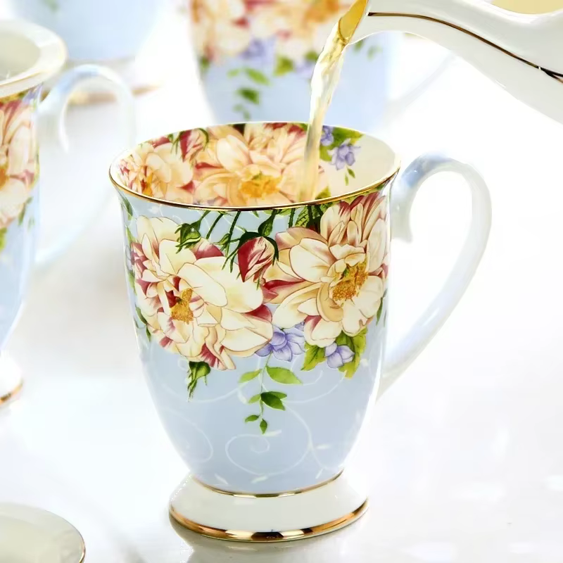 Tasses à café en porcelaine d'os, peinture florale, lait de petit déjeuner, thé aux fleurs, tasse d'