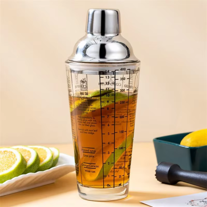 Shaker à Cocktail en verre, tasse à main avec échelles, couvercle et passoire en acier métallique de