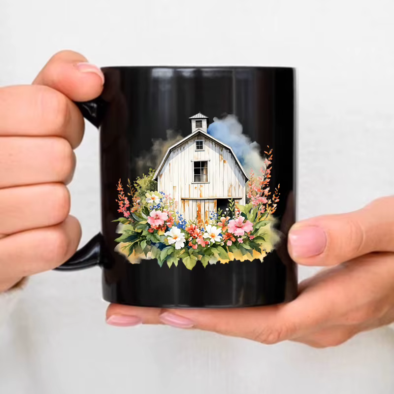 Tasse à café en céramique avec grange de ferme noire avec motifs floraux et légumes pour la maison,