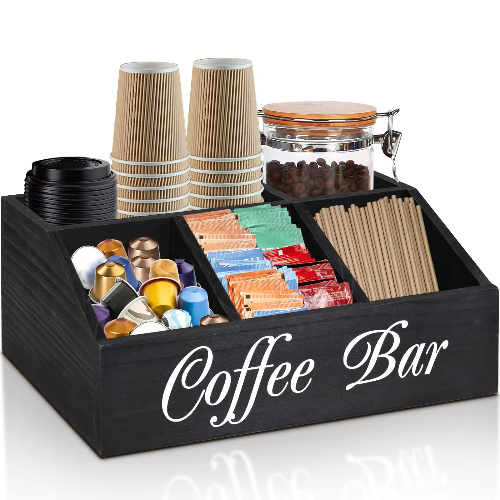 Panier de rangement en bois pour bar à café - Organisateur d'accessoires de café rustique et classiq