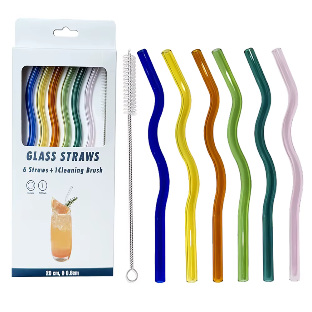 Kit de paille en verre réutilisable - 6 pailles en verre coloré réutilisables en verre borosilicate 