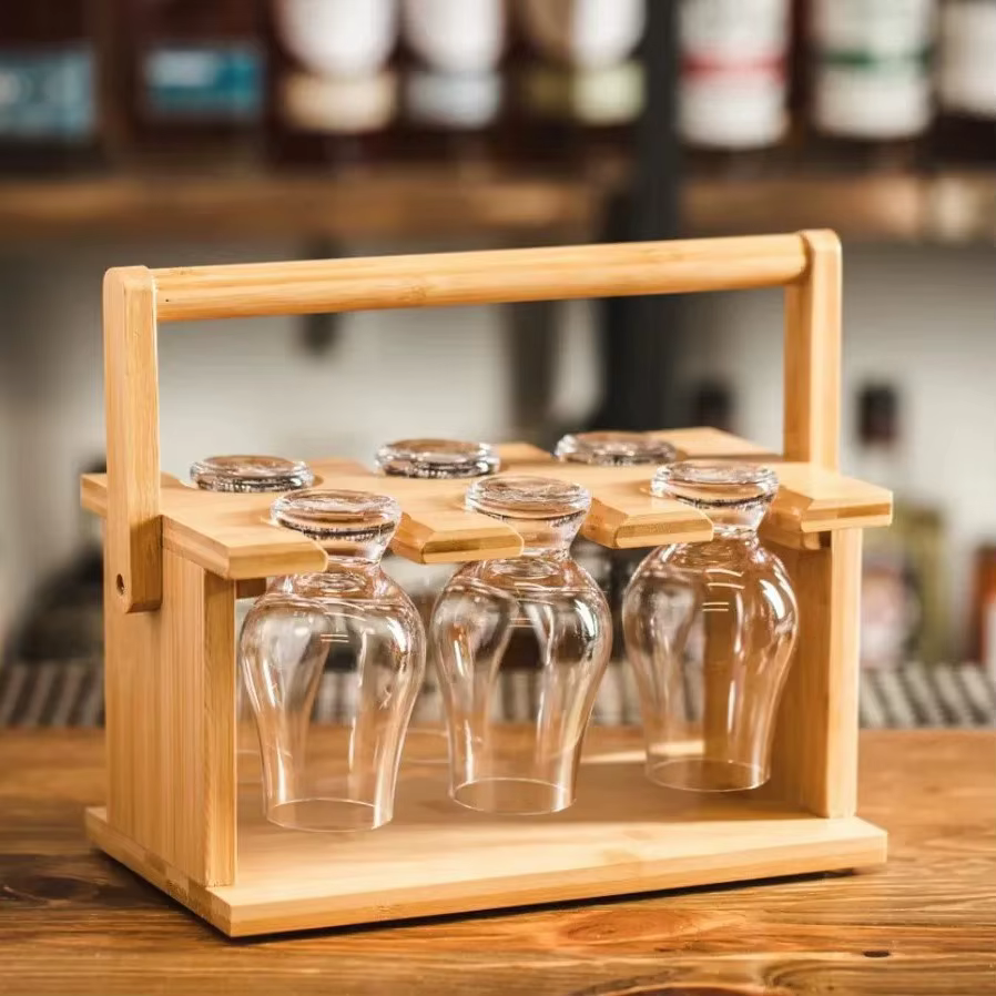 Ensemble de 6 verres en cristal avec support en bambou, verres à boire de 200 ml avec support, suppo