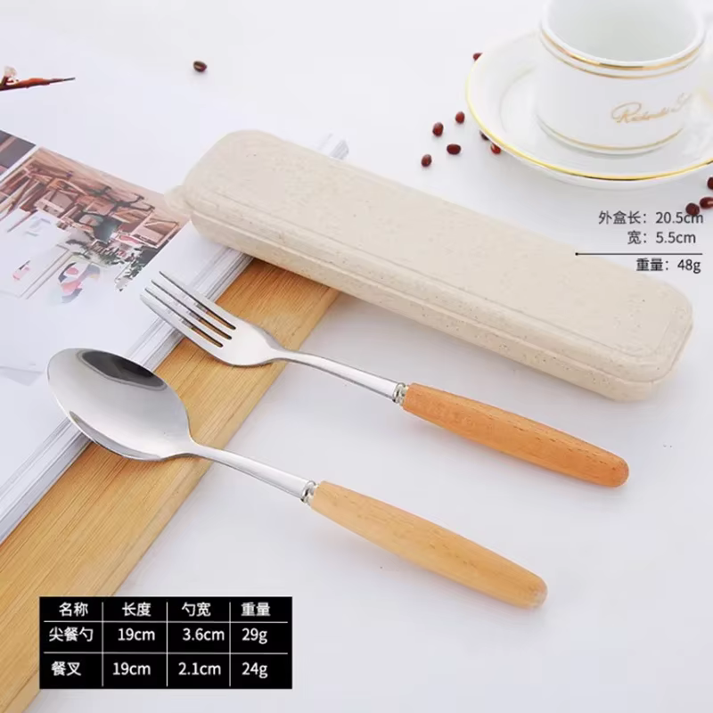 Ensemble de vaisselle en acier inoxydable avec manche en bois, baguettes, fourchette, cuillère, cade