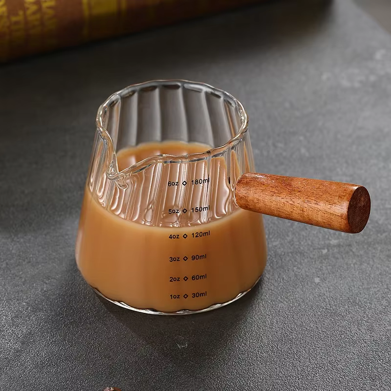 JUSTINLAU Tasse à mesurer expresso avec manche en bois Tasse d'extraction de café en verre de grain 
