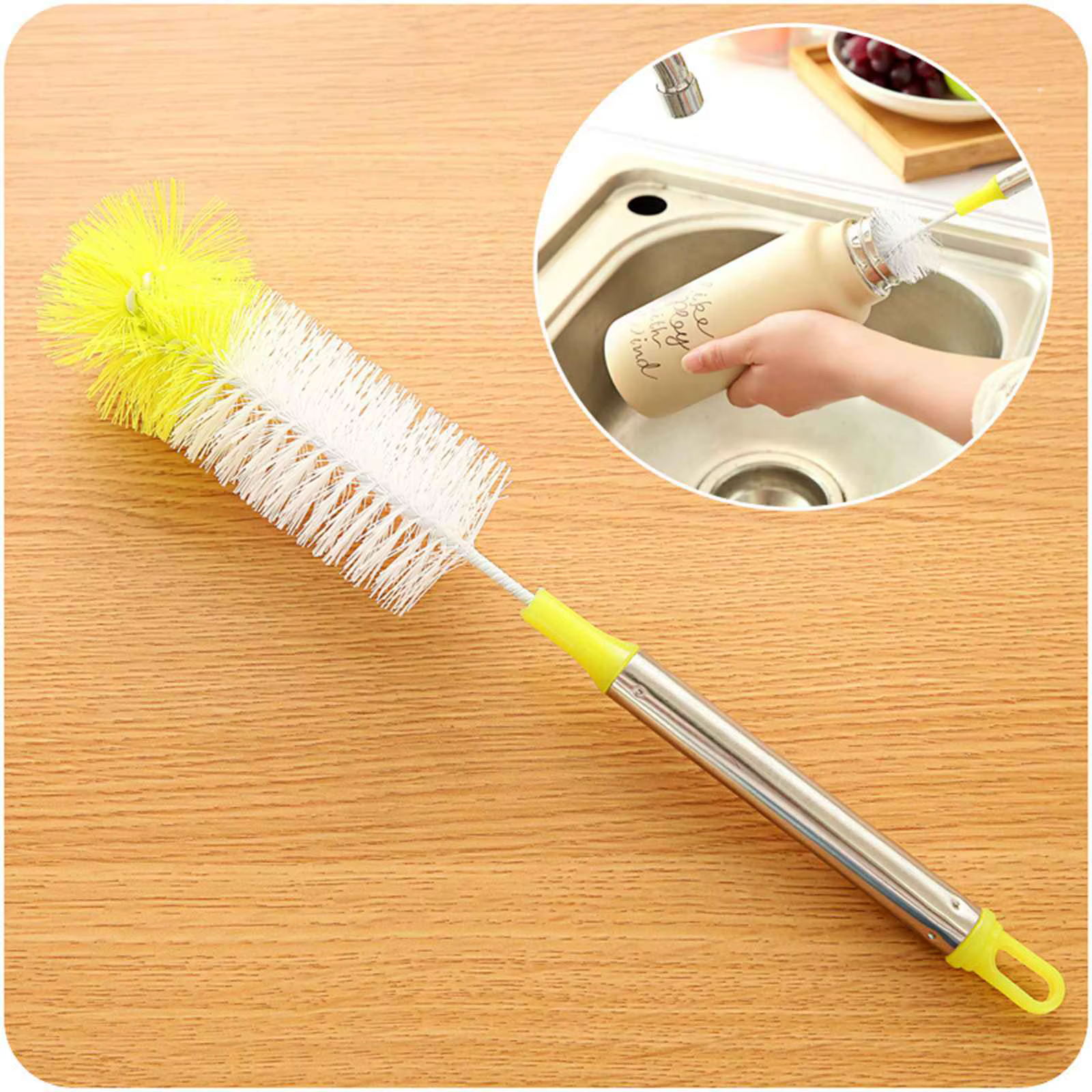 Brosse de nettoyage de bouteilles à tête ronde incurvée, poignée en acier inoxydable, tasse de netto