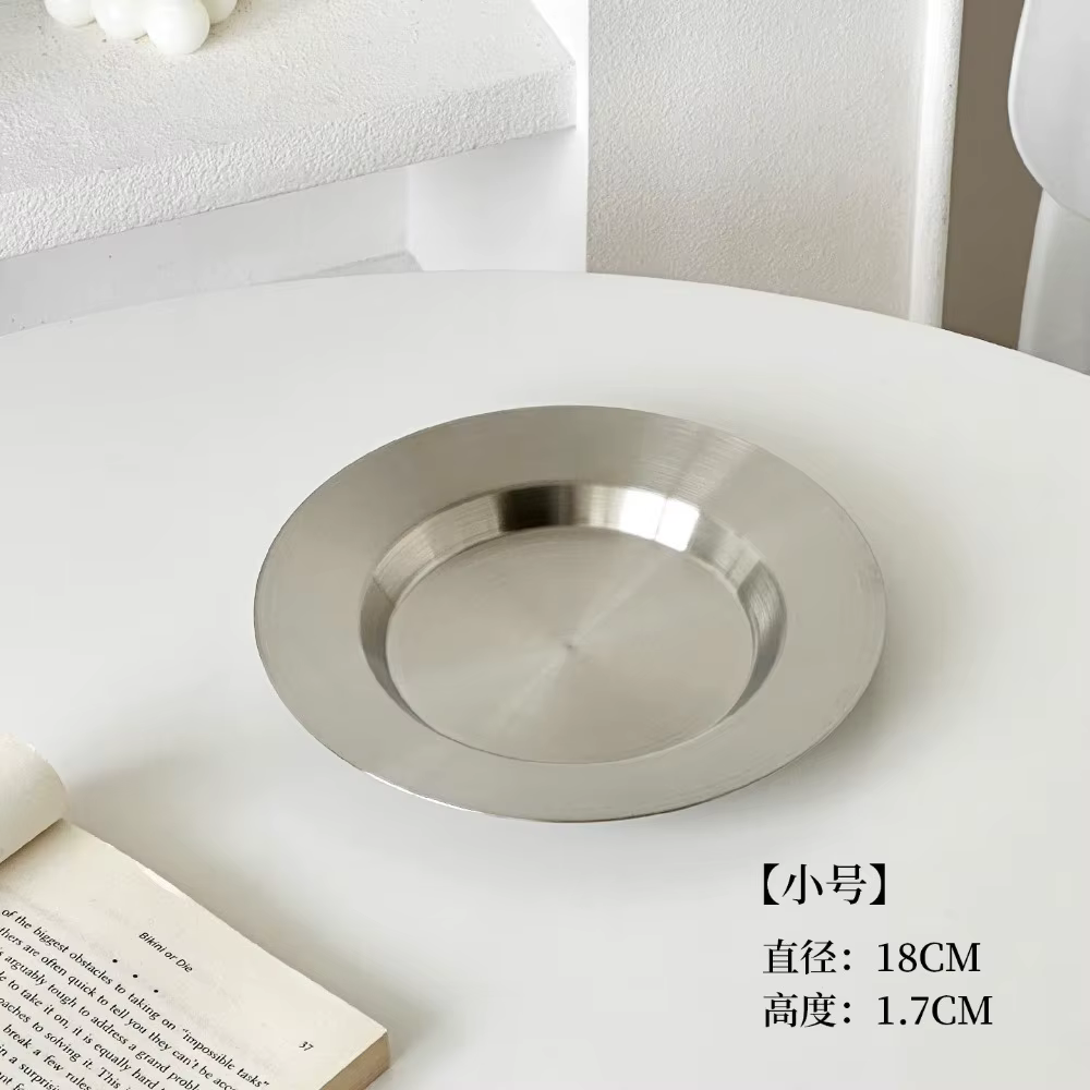 Assiette coréenne ronde en acier inoxydable pour steak, pâtes, gâteaux, desserts, plateau de service