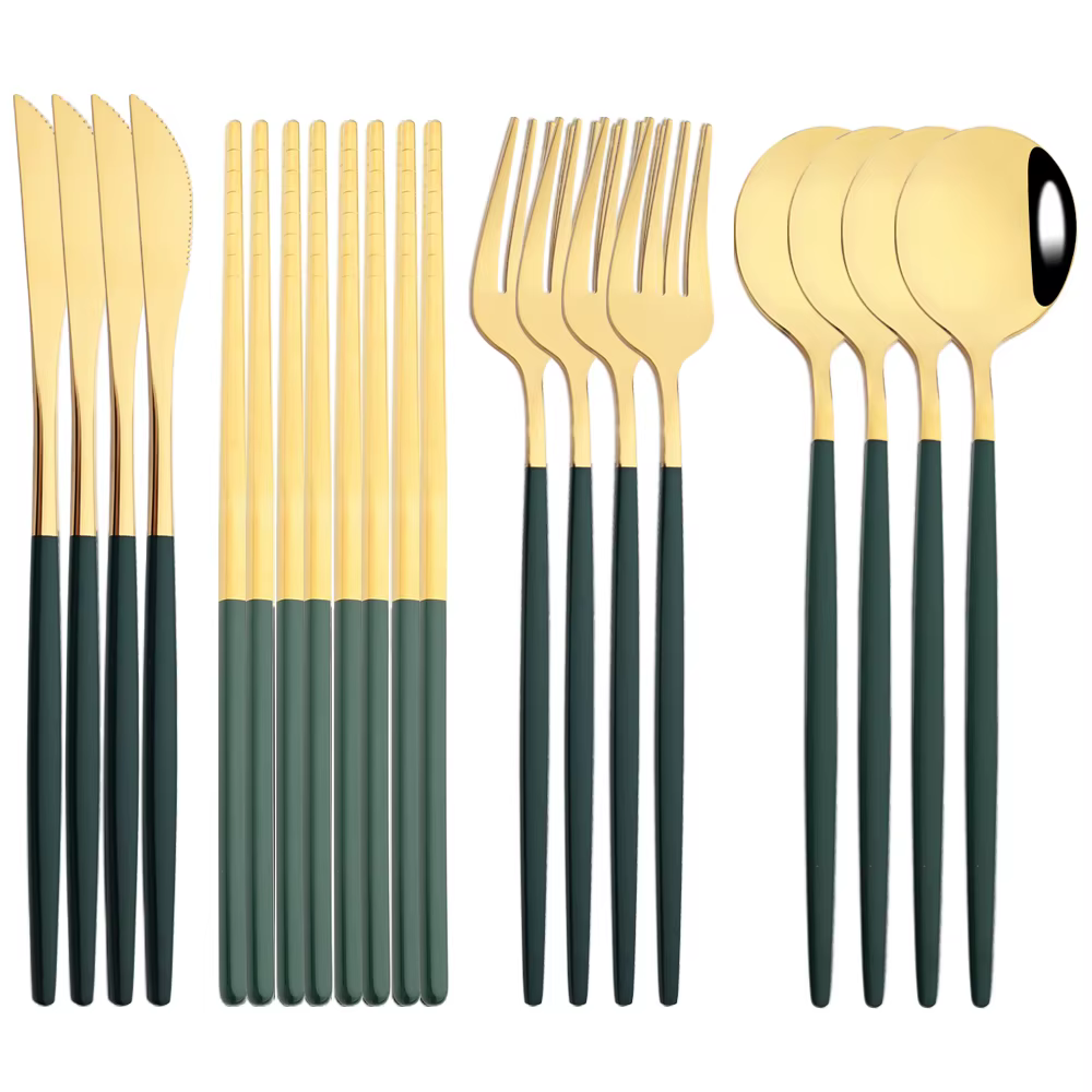12-16 pièces baguettes couteau fourchette cuillère ensemble de couverts vert or ensemble de vaissell