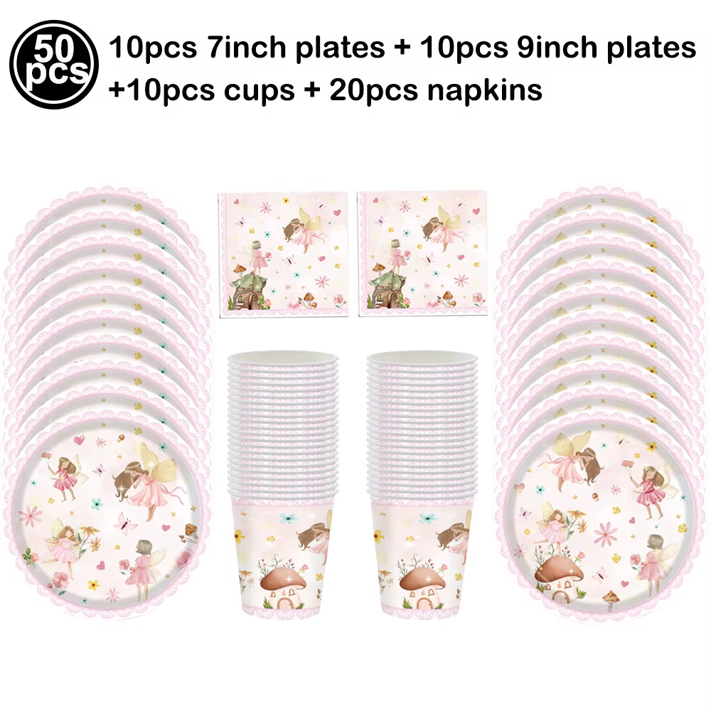 Ensemble de vaisselle de fête féerique comprenant assiettes en papier, gobelets, serviettes, fleurs,