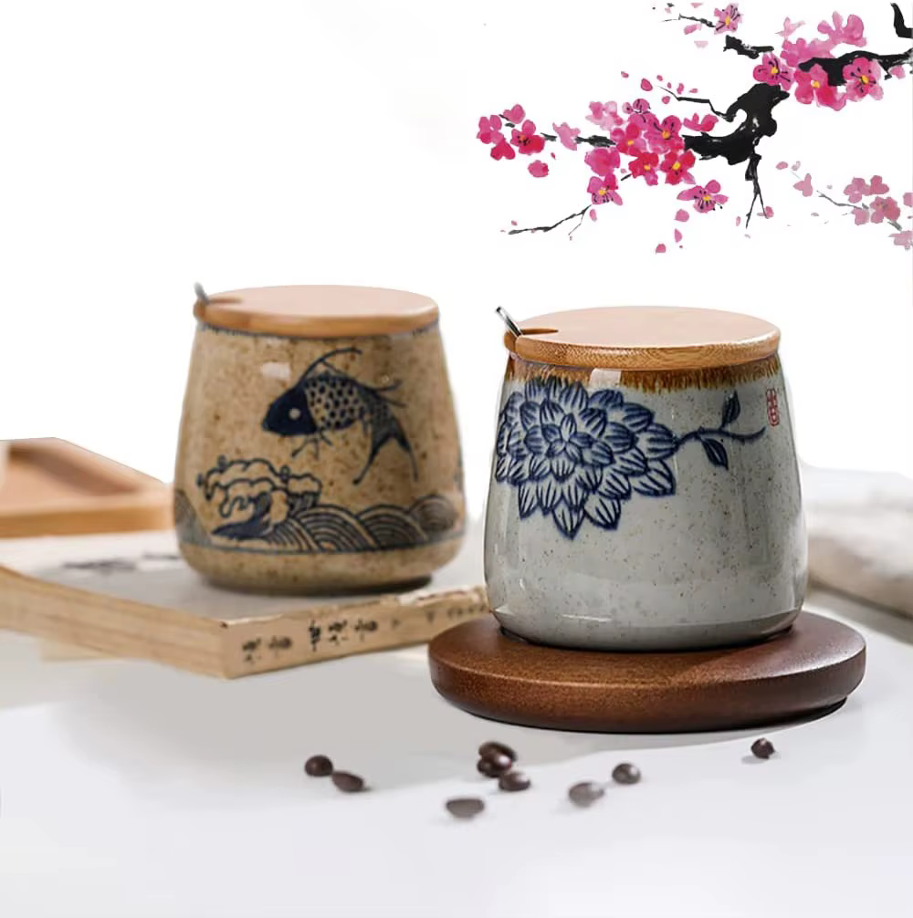 YWDL – tasse à café japonaise en céramique de 350ml, avec couvercle et cuillère, tasses à lait pour 