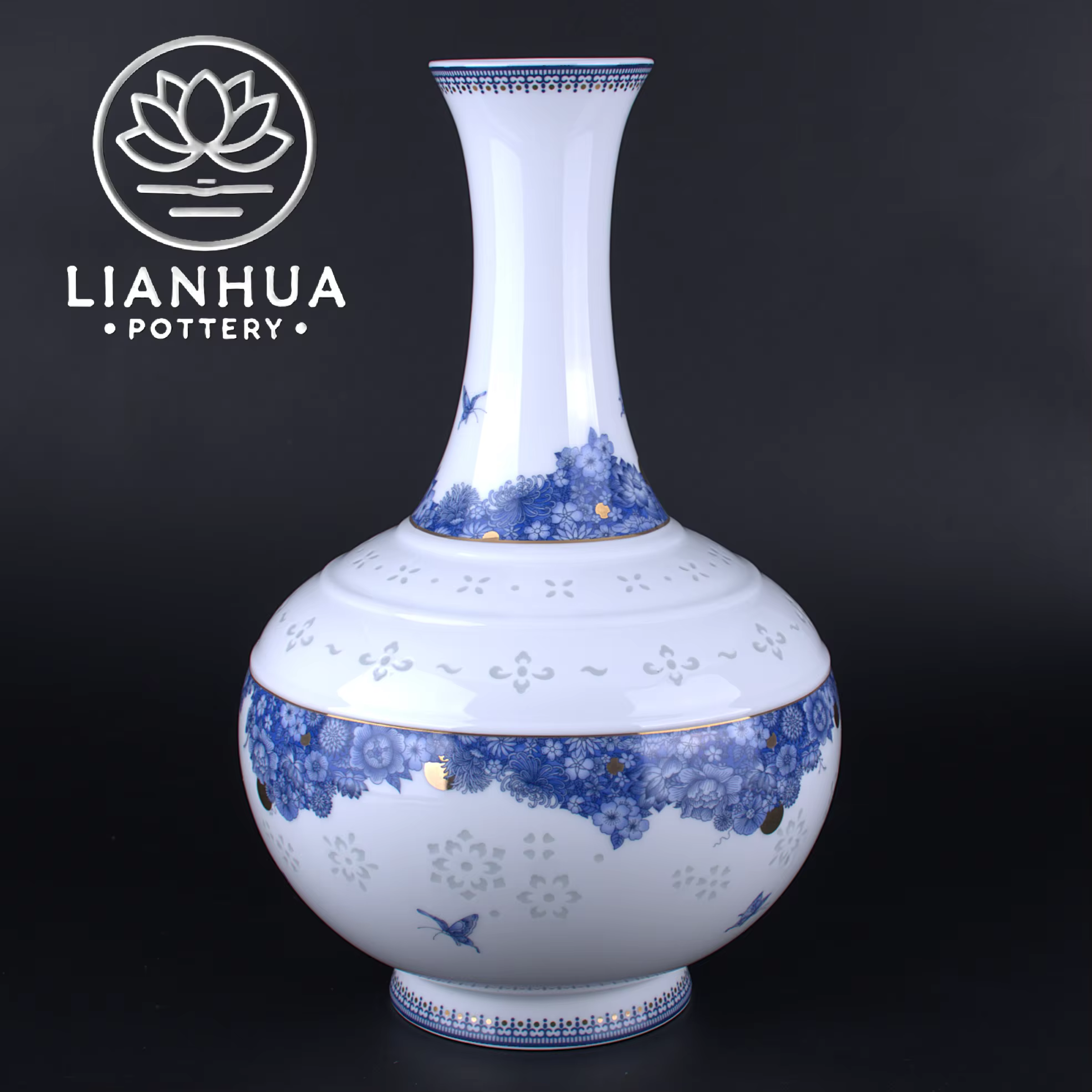 Vase en porcelaine Linglong de Jingdezhen LIANHUA POTTERY, 10,5 pouces, avec accents dorés, motif fl