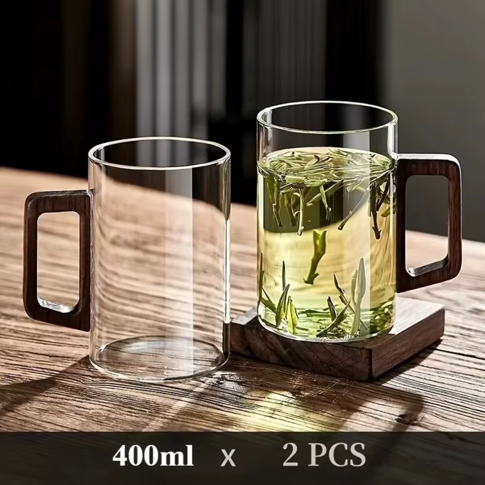 Tasse en verre résistant à la chaleur de grande capacité de 400ml, avec poignée en noyer, pour la pr