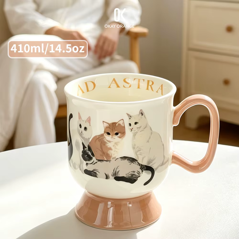 Tasse à café vintage en céramique motif chat, grande capacité, tasse à thé en porcelaine, impression