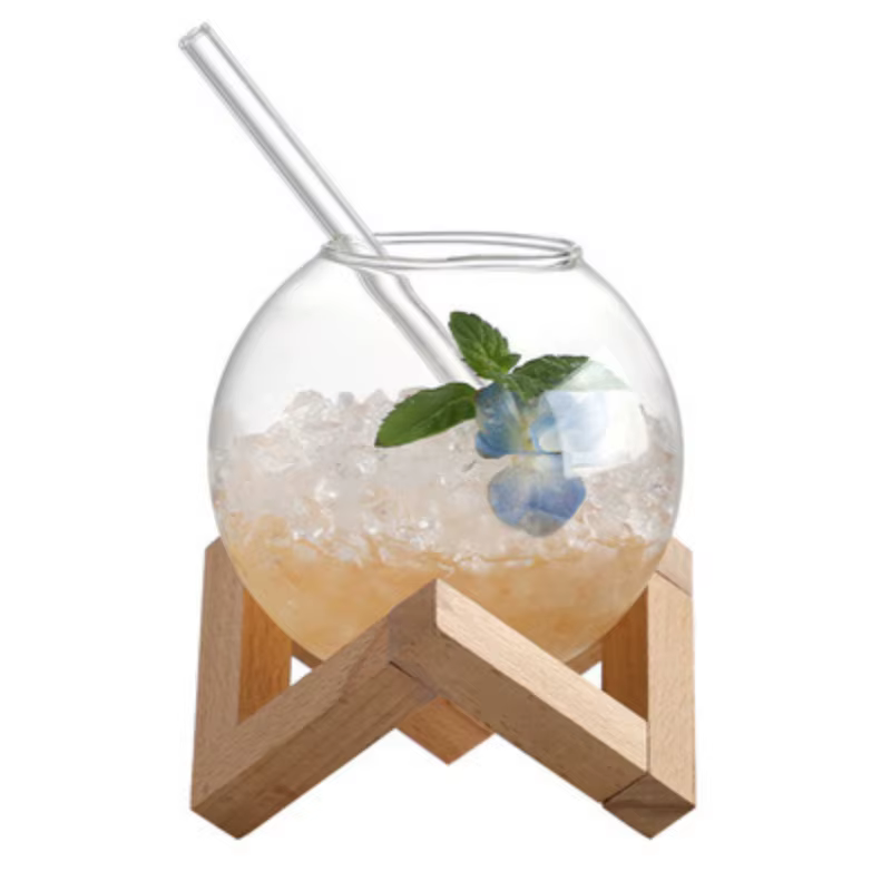 Tasse en verre sphérique créative avec support en bois, paille, vin, Cocktail, café, boule de lune t