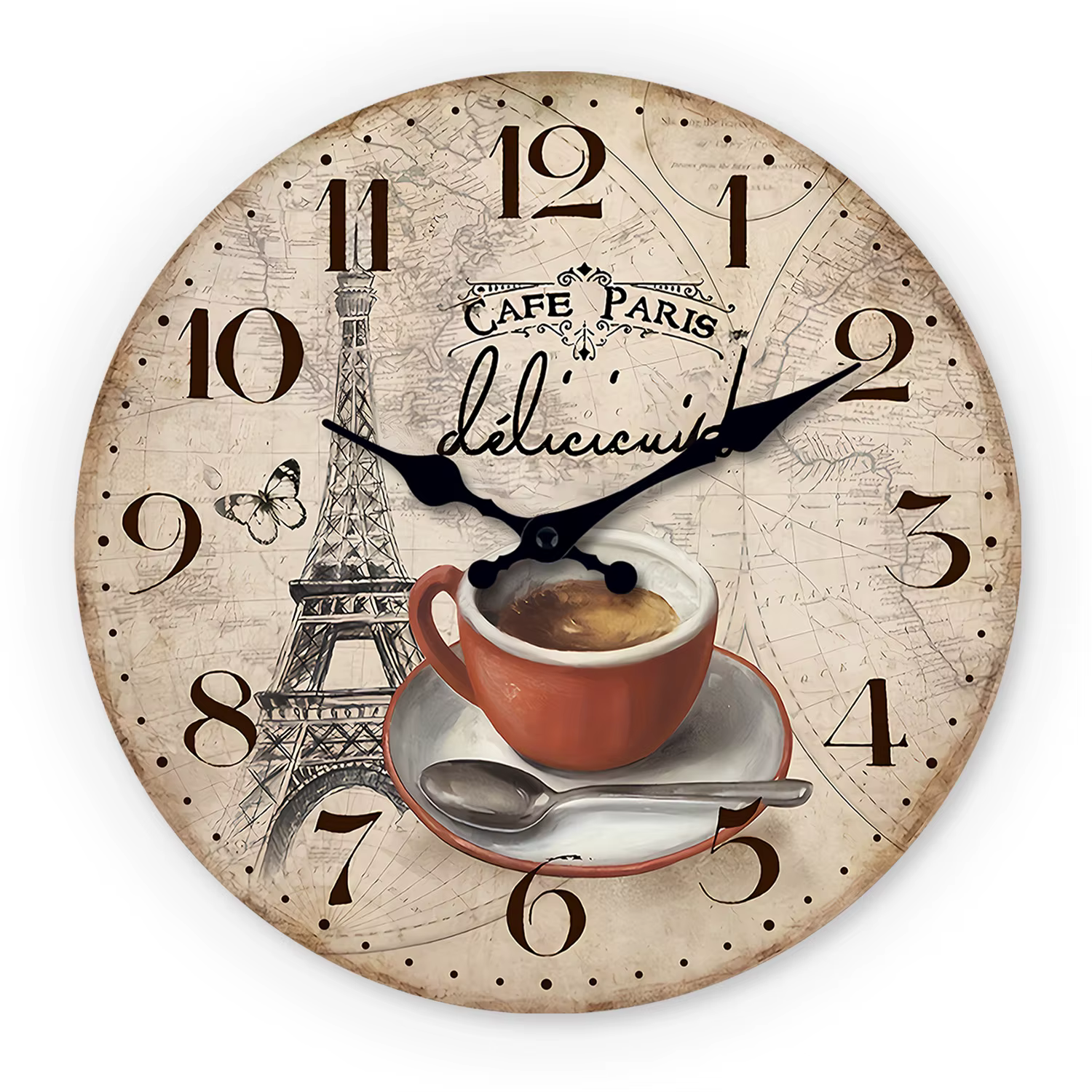 Français rétro Paris Tour Eiffel Tasse à café Horloge murale en bois Salon Chambre Cuisine Décoratio