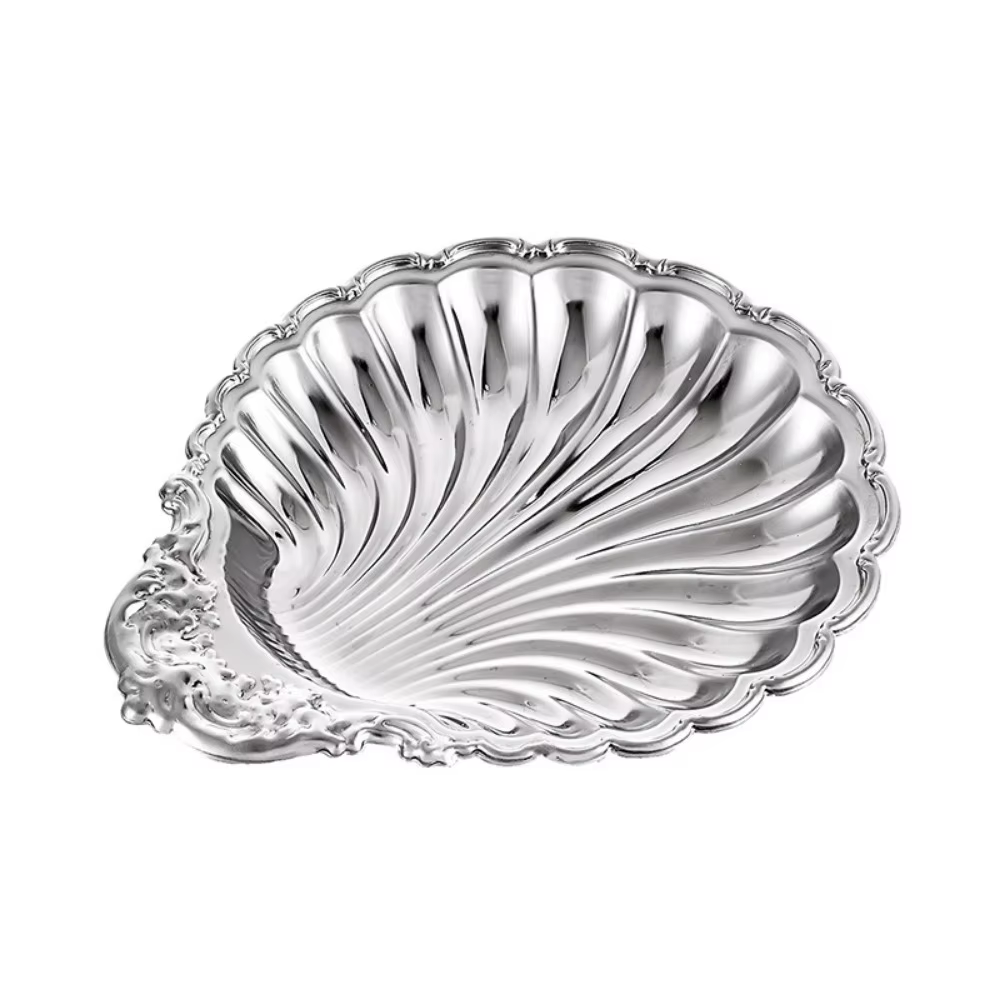 Assiette à dessert vintage couleur argent, forme coquillage, plateau alimentaire gaufré, détails déc