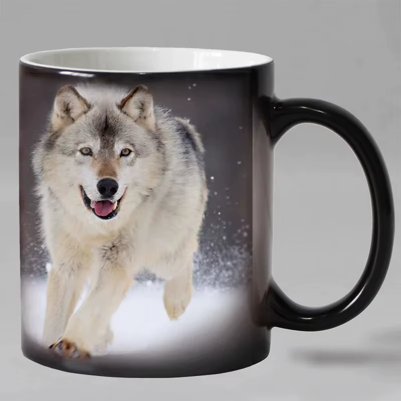 Tasse à café en céramique sensible à la chaleur, Animal loup drôle, couleur magique changeante, thé,