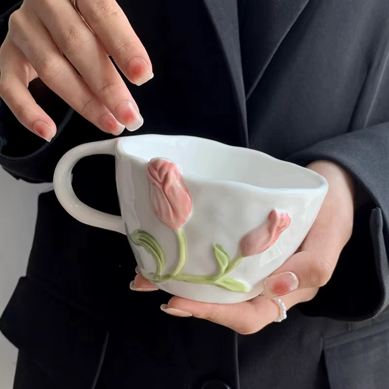 Tasse tulipe en céramique en Relief européen, thé de l'après-midi, Dessert, pâtisserie, fleurs peint