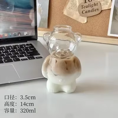 Tasse à café en forme d'ours de dessin animé, tasse en verre avec paille, verres mignons, cadeaux d'