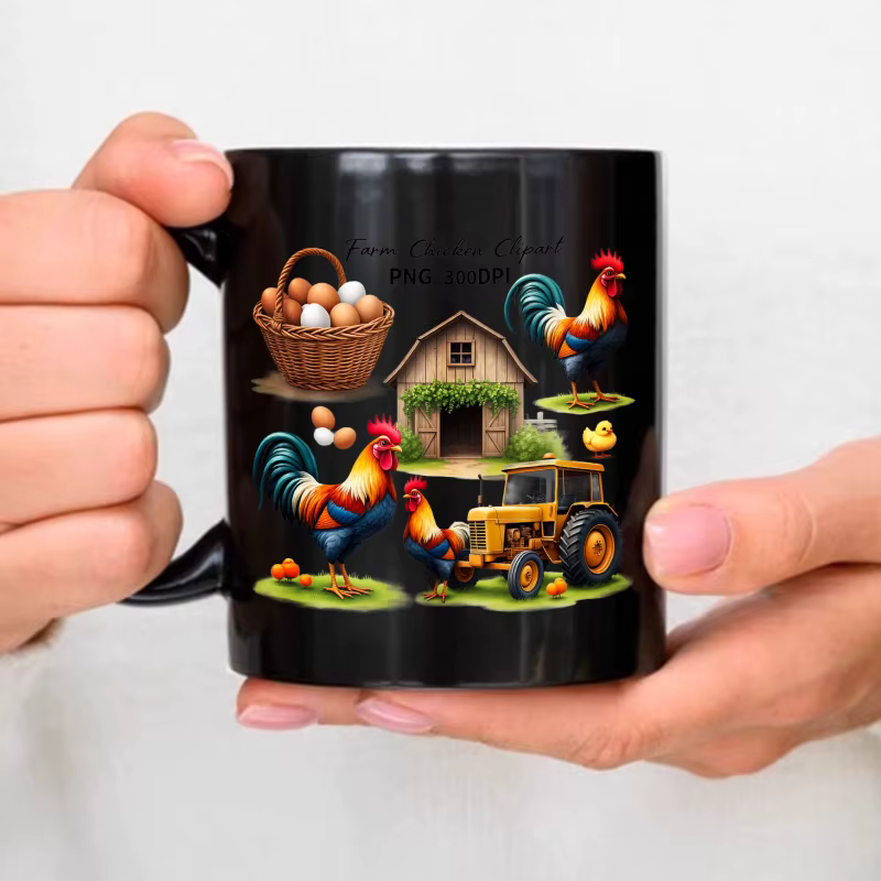 Tasse à café de poulet de ferme, coq noir, panier de poule, tracteur d'œufs, conception de scène de 