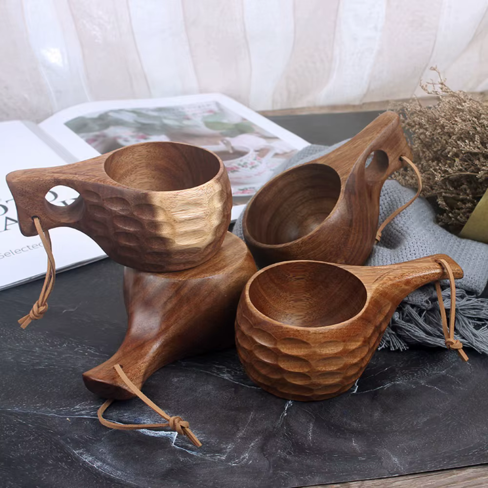 Kuksa-Tasse à café portable avec poignée en bois et caoutchouc, deux trous, ULen cuir de vachette, c