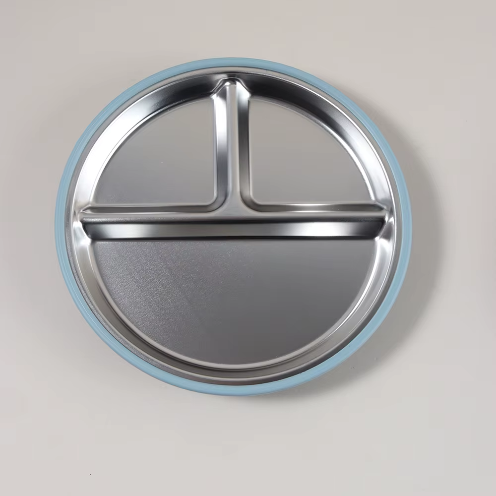 Assiette pour enfants en acier inoxydable avec bord en silicone, 3 compartiments, assiette divisée p