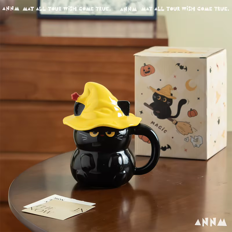 Tasse en céramique de chat fantôme de rêve de 450 ml avec couvercle – Tasse de couple de style dessi